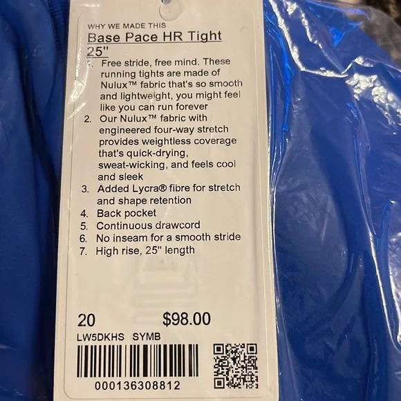 Lululemon Base Pace High Rise Running Tight 25” Size 20 Athletic Solid Blue NWT - Picture 3 of 3